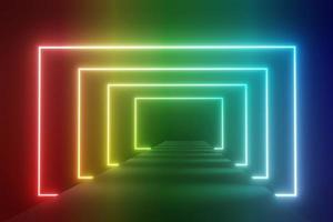 3d render of RGB neon light on darkness background. Abstract Laser lines show at night. Ultraviolet spectrum beam scene photo