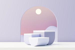 3d render of Beauty podium with Very Peri color of the year 2022 design for product presentation and advertising. Minimal pastel sky and Dreamy land scene. Romance concept. photo
