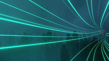 3d render of Cyber punk night city landscape concept. Light glowing on dark scene. Night life. Technology network for 5g. Beyond generation and futuristic of Sci-Fi Capital city and building scene. photo