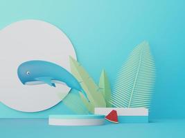 3d render of Abstract minimal  display podium for showing products or cosmetic presentation with summer beach scene. Summer time. photo