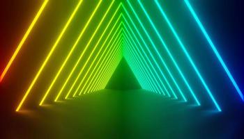 3d render of RGB neon light on darkness background. Abstract Laser lines show at night. Ultraviolet spectrum beam scene photo