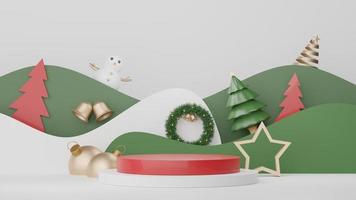 3d Display Podium for product and cosmetic presentation with Merry Christmas and Happy new year concept. Modern geometric. Platform for mock up and showing brand. Minimal clean design. photo