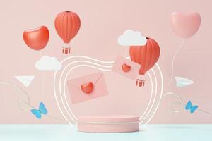 3d render minimal sweet scene with display podium for mock up and product brand presentation. Pink Pedestal stand for Valentine's Day's theme. Cute lovely heart background. Love day's design style. photo
