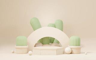 3d Mock up Brown cream podium with Cactus and Sands desert mini theme. Pedestal stage for product and cosmetic presentation. Abstract colorful scene for advertising. Sale promotion background. photo
