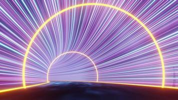 3d render of flash neon and light glowing on dark scene. Speed light tunnel through the city or urban. Technology internet of future network. Sci fiction of hyperspace interstellar travel. photo