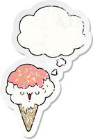 cartoon ice cream and thought bubble as a distressed worn sticker vector