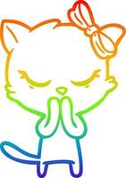 rainbow gradient line drawing cute cartoon cat with bow vector