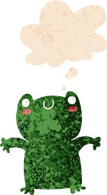 cartoon frog and thought bubble in retro textured style