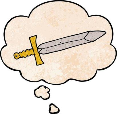 cartoon sword and thought bubble in grunge texture pattern style
