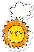 cartoon sun and thought bubble as a distressed worn sticker vector