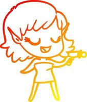 warm gradient line drawing happy cartoon space girl with ray gun vector