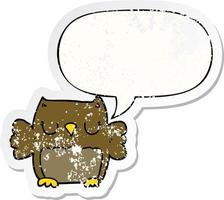 cute cartoon owl and speech bubble distressed sticker vector