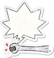 cartoon spanner turning nut and speech bubble distressed sticker vector