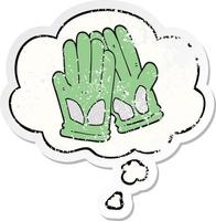 cartoon garden work gloves and thought bubble as a distressed worn sticker vector