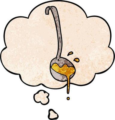 cartoon ladle of soup and thought bubble in grunge texture pattern style