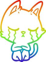 dibujo de línea de gradiente de arco iris gato de dibujos animados llorando sentado vector