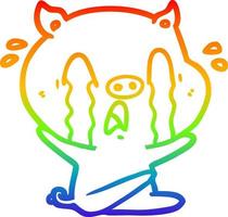 rainbow gradient line drawing crying pig cartoon vector