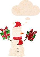 cartoon snowman and thought bubble in retro textured style vector