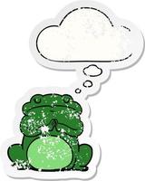 cartoon arrogant frog and thought bubble as a distressed worn sticker vector