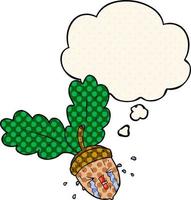 cartoon crying acorn and thought bubble in comic book style vector