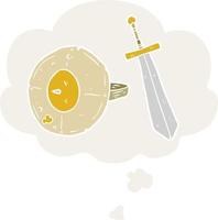 cartoon shield and sword and thought bubble in retro style vector