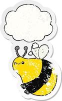 cartoon bee and thought bubble as a distressed worn sticker vector