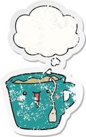 cute cartoon coffee cup and thought bubble as a distressed worn sticker vector