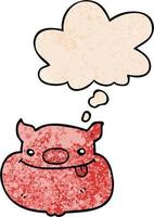 cartoon happy pig face and thought bubble in grunge texture pattern style vector