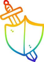 rainbow gradient line drawing cartoon sword and shield vector