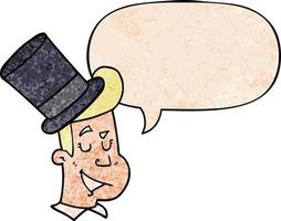 cartoon man wearing top hat and speech bubble in retro texture style vector