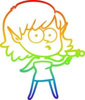 rainbow gradient line drawing cartoon elf girl with ray gun vector