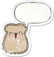 cute cartoon slice of toast and speech bubble distressed sticker vector