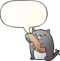 cartoon cat loving the amazing sandwich he's just made for lunch and speech bubble in smooth gradient style vector