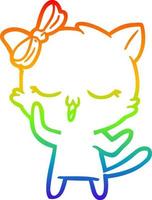 gato de dibujos animados de dibujo de línea de gradiente de arco iris con lazo en la cabeza vector