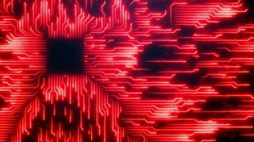 o plano de fundo do processo tecnológico do sistema de computador linhas laranja vermelhas em um fundo escuro. a animação tem um ciclo video