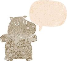 cartoon hippo and speech bubble in retro textured style vector