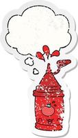 cartoon ketchup bottle and thought bubble as a distressed worn sticker vector