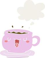 cute cartoon cup and saucer and thought bubble in retro style vector