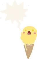 cartoon shocked ice cream and speech bubble in retro style vector