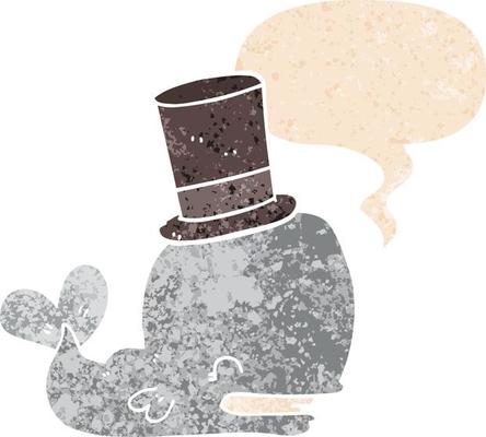 cartoon whale wearing top hat and speech bubble in retro textured style