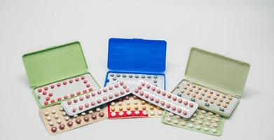 Pile of contraceptive pills in blister pack. Birth control pills. Family planning. Woman hormones tablet pills. Hormone replacement therapy. Pharmaceutical product. Estrogen and progesterone tablets. photo