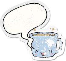 cartoon cup of coffee and speech bubble distressed sticker vector