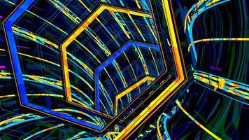 Futuristic tunnel with dark hexagonal structure with lines of blue and yellow lights. 3d Illustration photo