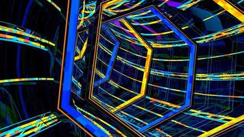 Futuristic tunnel with dark hexagonal structure with lines of blue and yellow lights. 3d Illustration photo