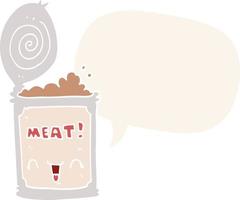 cartoon canned meat and speech bubble in retro style vector