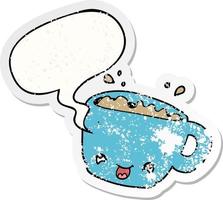 cartoon cup of coffee and speech bubble distressed sticker vector