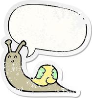 cute cartoon snail and speech bubble distressed sticker vector