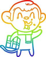 rainbow gradient line drawing crazy cartoon monkey with christmas present vector