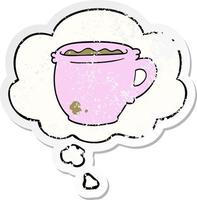 cartoon hot cup of coffee and thought bubble as a distressed worn sticker vector