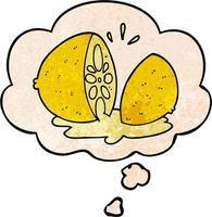 cartoon cut lemon and thought bubble in grunge texture pattern style vector